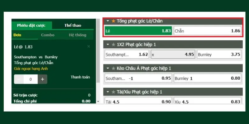 Ví dụ minh hoạ kèo phạt góc chẵn lẻ